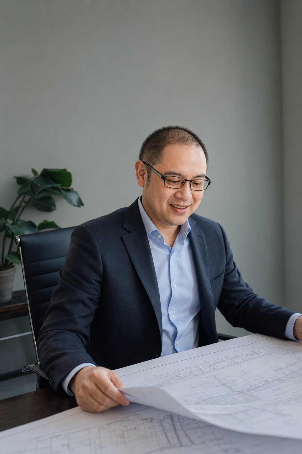 Jonathan Luey reviewing engineering plans at a desk