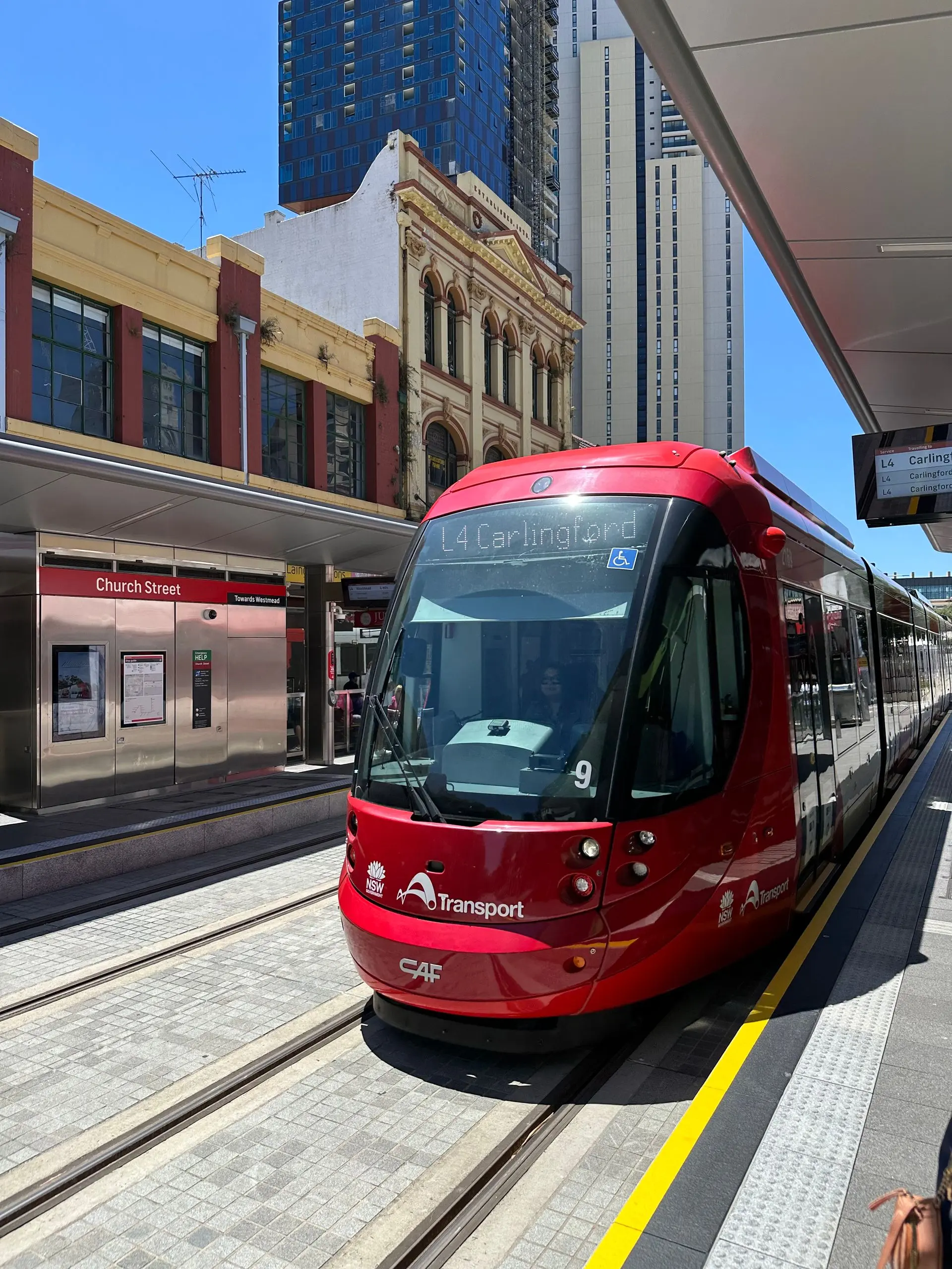Parramatta Light Rail vehicle travelling through the city